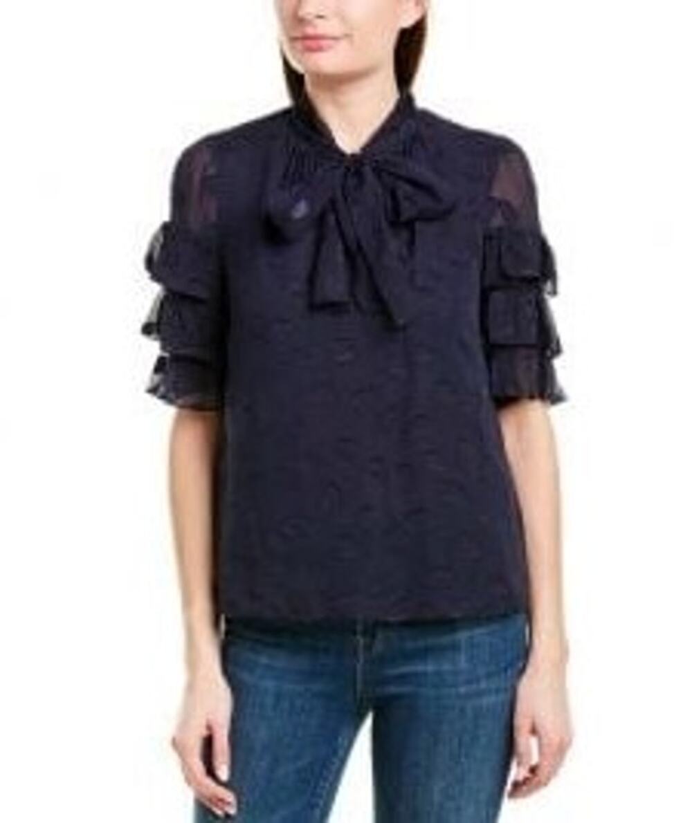 REBECCA TAYLOR Navy Blue Tie Neck Blouse Size 6 Ruffle Short Sleeve Chiffon Top